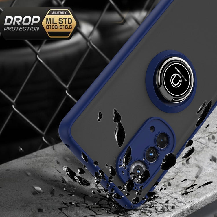 Blue phone case with ring holder, reinforced corners, and camera cutouts for Motorola Edge 2022