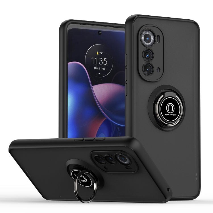 Black phone case with ring holder and raised camera protection for Motorola Edge 2022