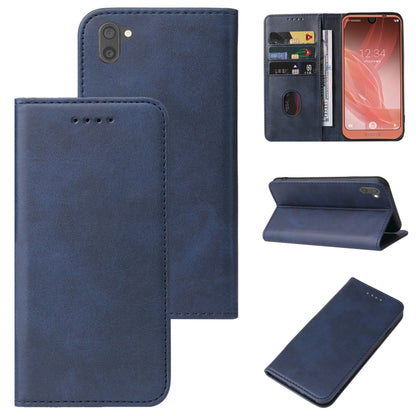 Blue leather folio phone case with magnetic closure, card slots and stand