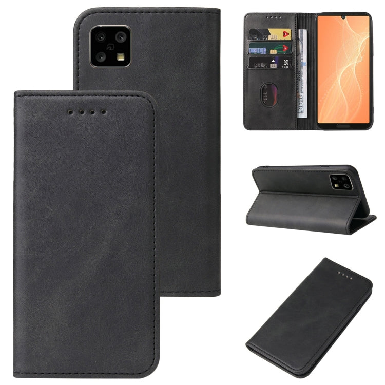 Black leather folio phone case with magnetic closure, card slots, and stand