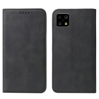 Black leather folio phone case with magnetic closure, front and back views