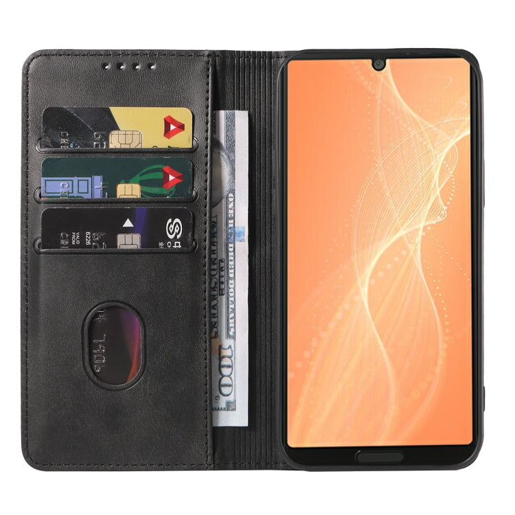 Black leather wallet phone case with magnetic closure, open with card pocket