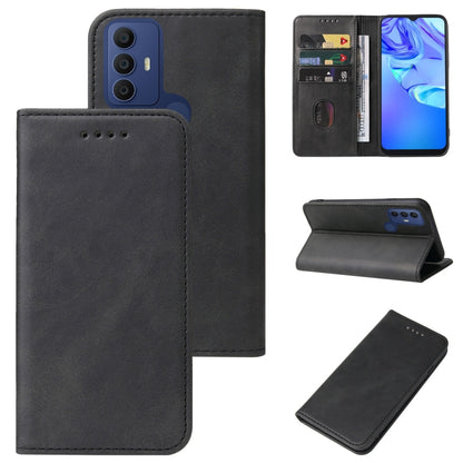 Black leather folio phone case with magnetic closure, card slots and stand