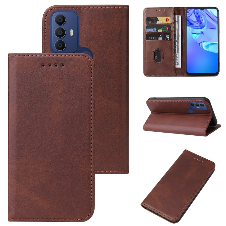 Magnetic leather phone case with folio cover and card holder, brown with blue phone backing