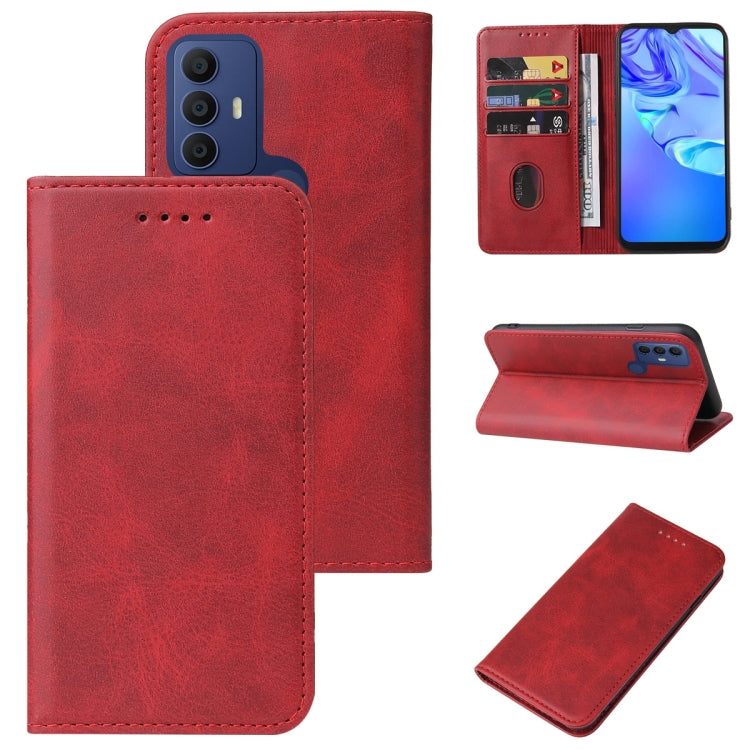 Magnetic leather phone case with folio cover and card holder, red with blue phone backing