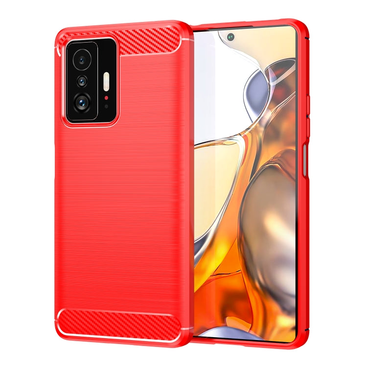 Red brushed texture TPU phone case with carbon fiber top accent and dual camera cutout