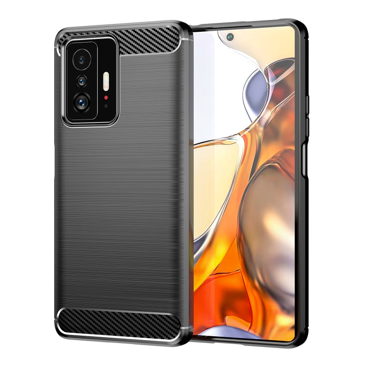 Black brushed carbon fiber texture TPU case with dual camera cutouts and side bumper