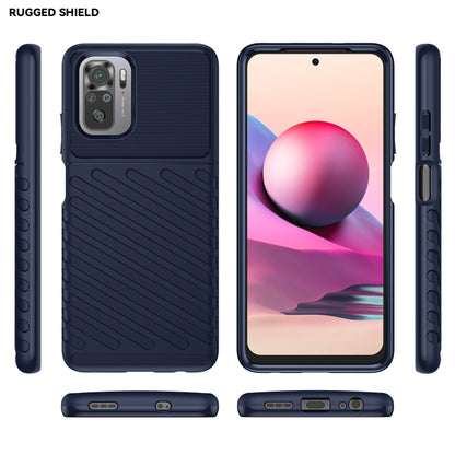 Blue rugged TPU phone case set with textured back, port openings, and camera protection