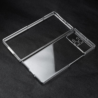 Transparent phone case with camera cutouts and raised edges, clear dual shell