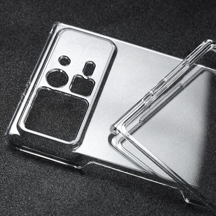 Transparent phone case with camera cutout, visible hinges on foldable design