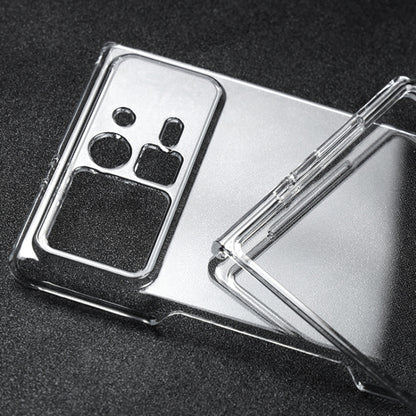 Transparent phone case with camera cutout, visible hinges on foldable design