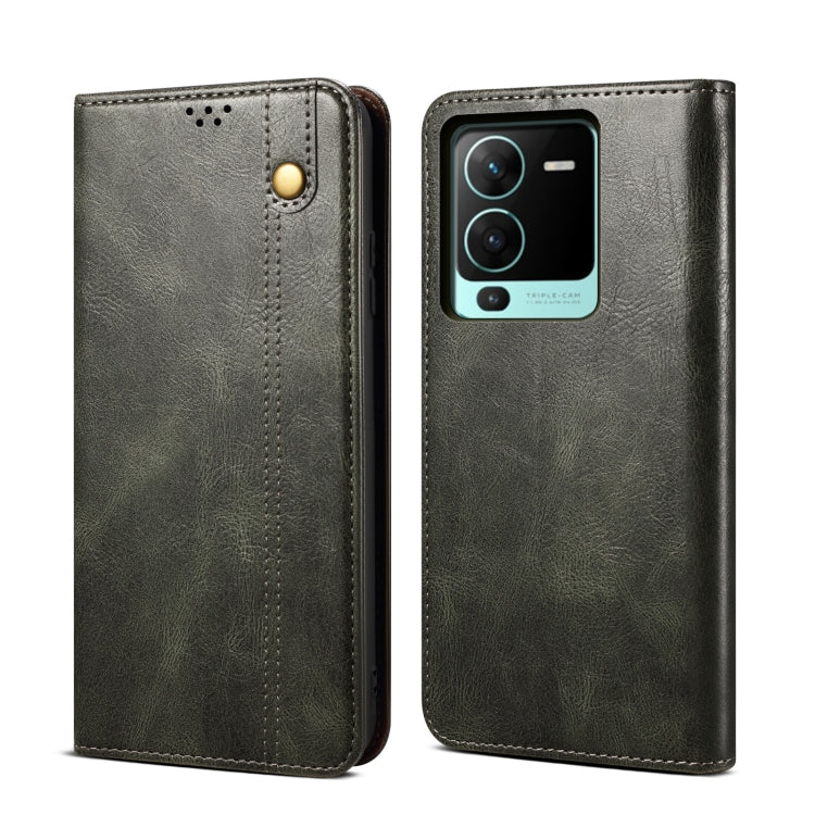Dark green crazy horse leather flip phone case with magnetic snap and camera cutout