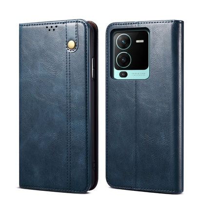 Blue crazy horse leather flip phone case with magnetic snap and camera cutout