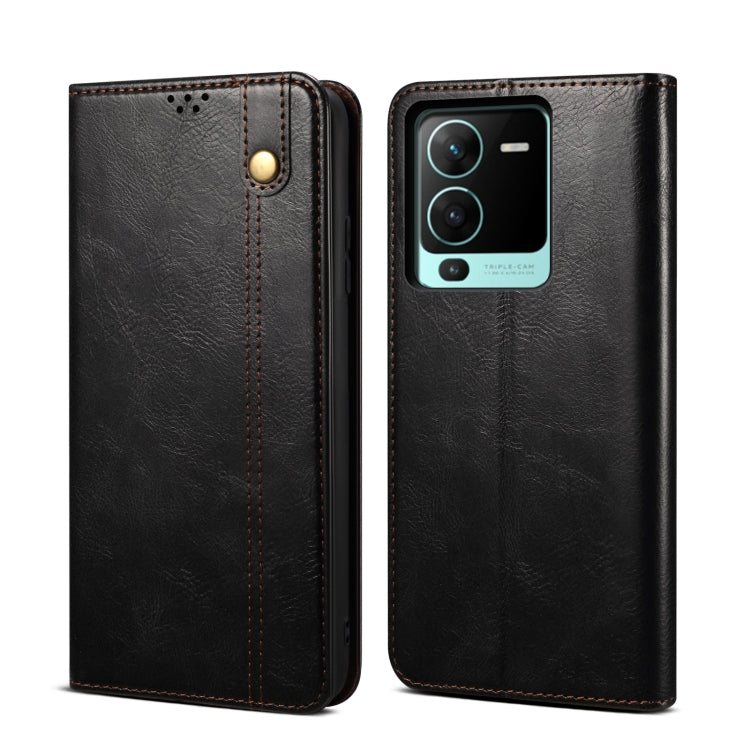 Black crazy horse leather flip phone case with magnetic snap and camera cutout