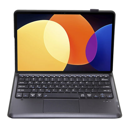 Black tablet case with built-in Bluetooth keyboard and touchpad, shown open in portrait