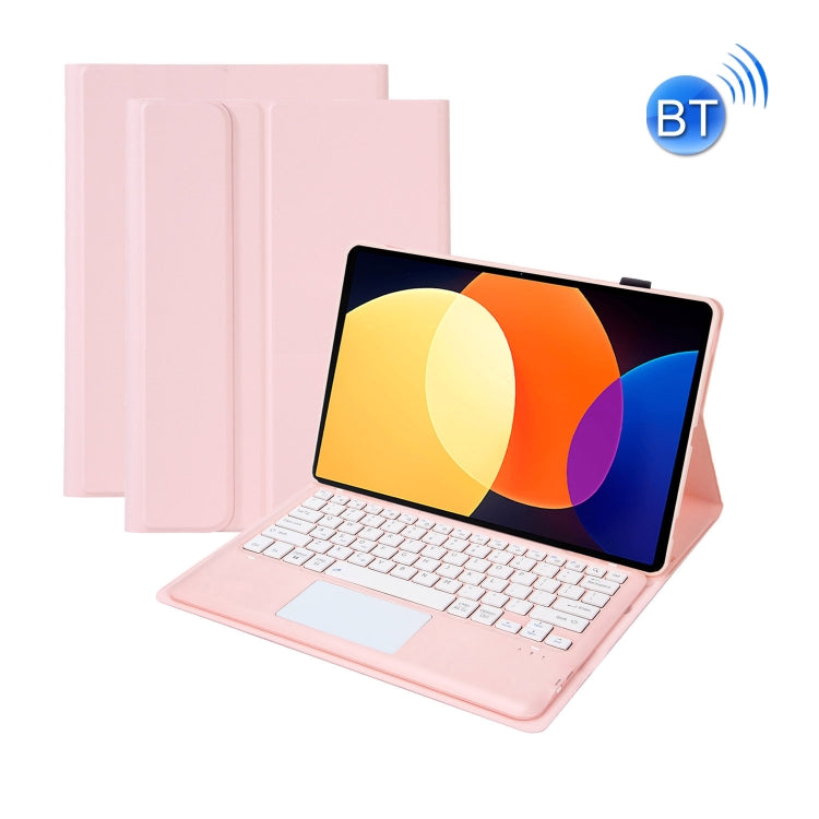 Pink tablet case with Bluetooth keyboard and touchpad, folding cover and angled stand