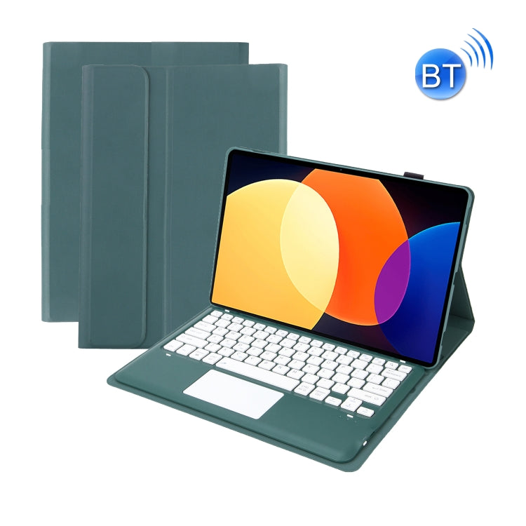 Dark green tablet case with Bluetooth keyboard and touchpad, shown open and supported