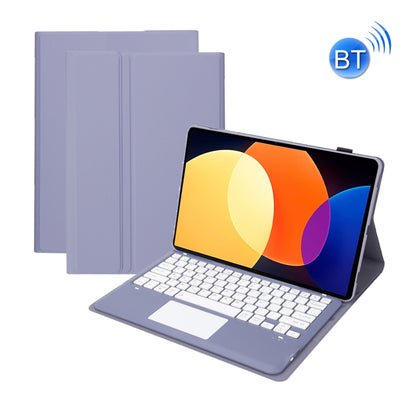 Purple tablet case with Bluetooth keyboard and touchpad, open with folding back cover