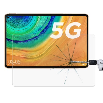 Tempered glass screen protector film on tablet screen with visible impact cracks