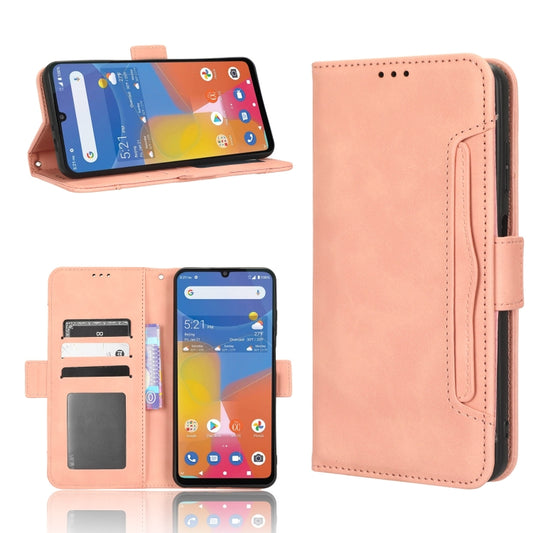 Pink leather folio phone case with card slots and stand, shown open.
