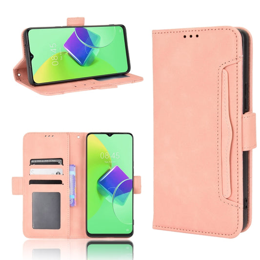 Pink leather phone wallet case with card slots and flip cover, front and back views.