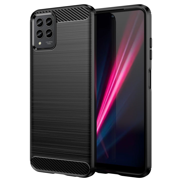 Black TPU phone case with brushed texture and carbon-fiber pattern accents