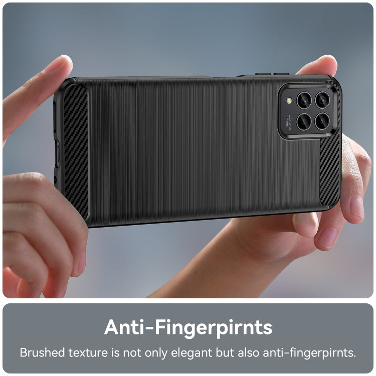 Black TPU phone case with brushed texture and carbon-fiber corner detail