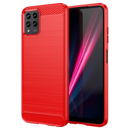 Red TPU phone case with brushed texture and carbon-fiber pattern accents