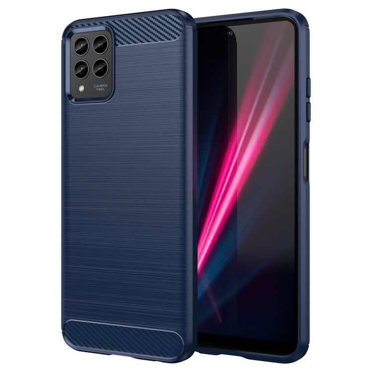 Blue TPU phone case with brushed texture and carbon-fiber pattern accents