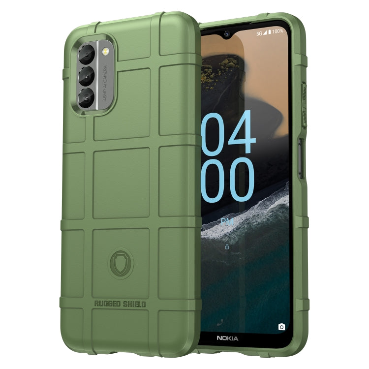 Green rugged TPU phone case for Nokia, back and front openings visible
