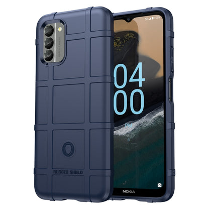 Blue rugged TPU phone case for Nokia, back and front openings visible