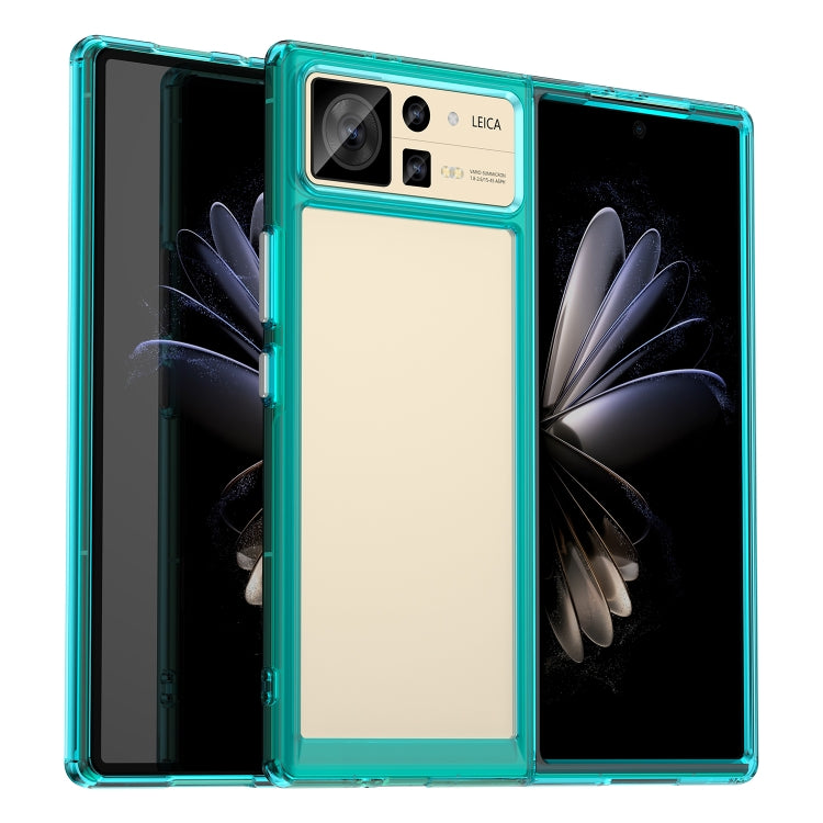 Teal transparent TPU acrylic phone case for Xiaomi Mix Fold 2, beige insert, camera cutouts
