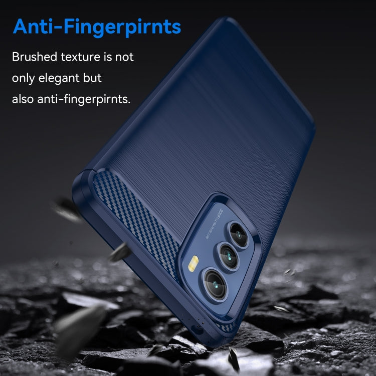 Blue TPU phone case with brushed texture and carbon-fiber detail near camera
