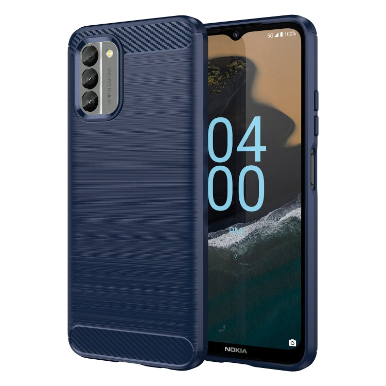 Blue TPU phone case with brushed texture and camera openings on a Nokia phone