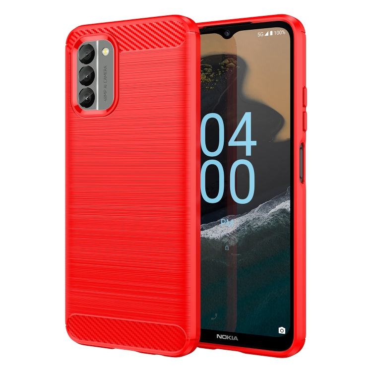 Red TPU phone case with brushed texture and camera openings on a Nokia phone