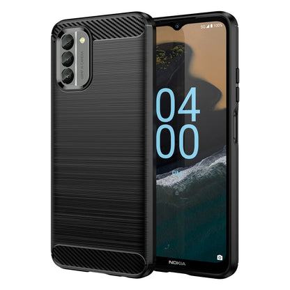 Black brushed carbon fiber TPU phone case with raised camera and side buttons