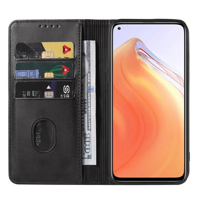 Black leather phone case with inner card slots and magnetic clasp, phone facing front