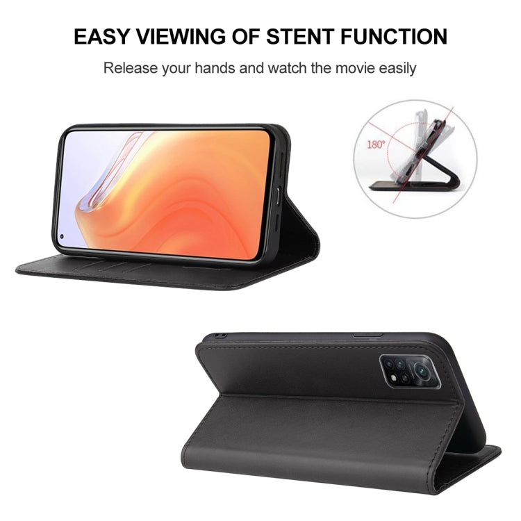 Black leather phone case with kickstand and magnetic closure, phone angled for viewing