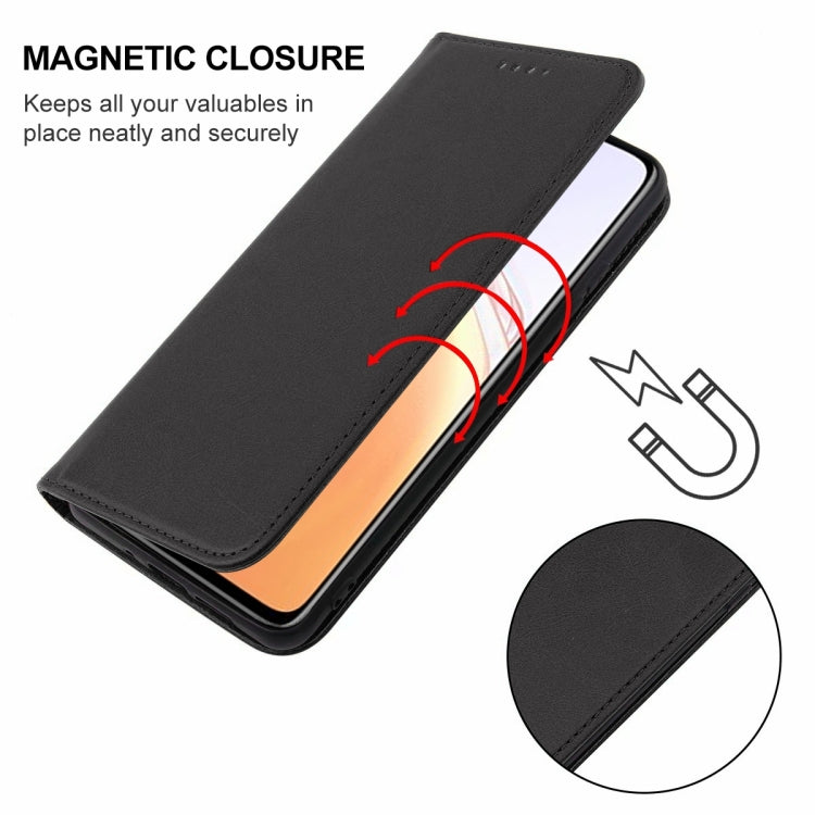 Black leather phone case with magnetic closure, showing clasp alignment and foldover cover