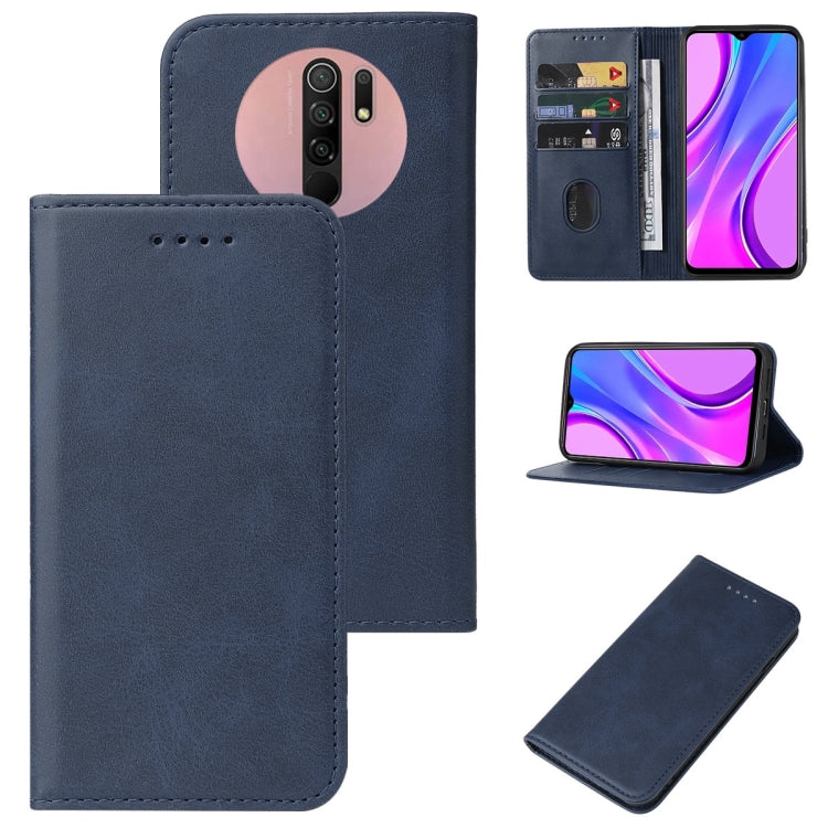 Blue magnetic leather phone case with folio flip, card slots, and kickstand view