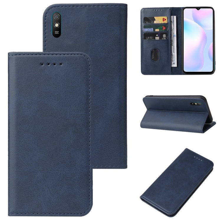 Blue magnetic leather phone case with folio flip, card slots, and stand cover