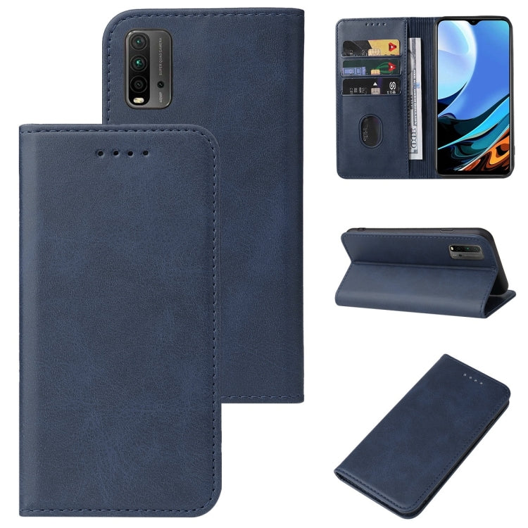 Blue leather phone case with magnetic closure, flip cover, and card slots