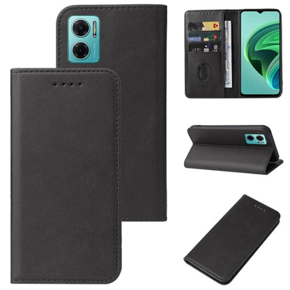 Black leather folio phone case with magnetic flap, front card slot and kickstand