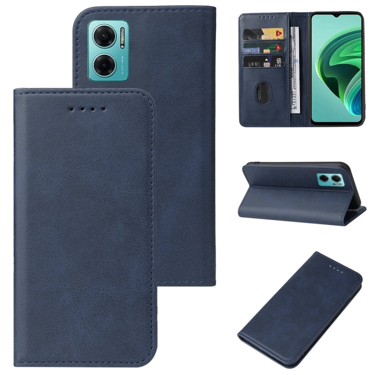 Blue leather folio phone case with magnetic flap, front card slot and kickstand
