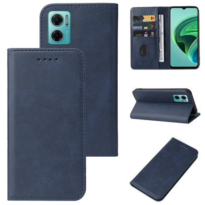 Blue leather folio phone case with magnetic flap, front card slot and kickstand