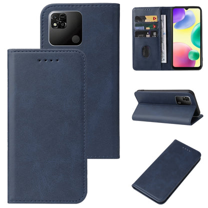 Blue leather folio phone case with magnetic closure, front opening and kickstand