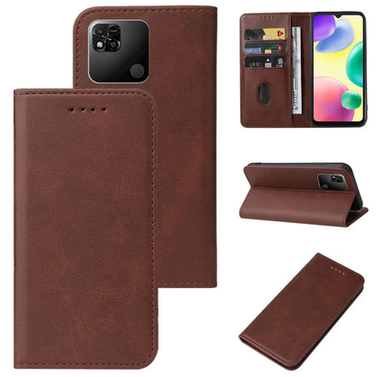 Brown leather folio phone case with magnetic closure, front opening and kickstand