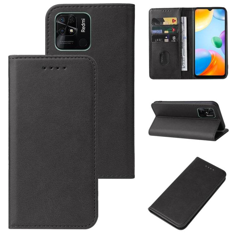 Black leather folio phone case with magnetic closure, card slot and stand view