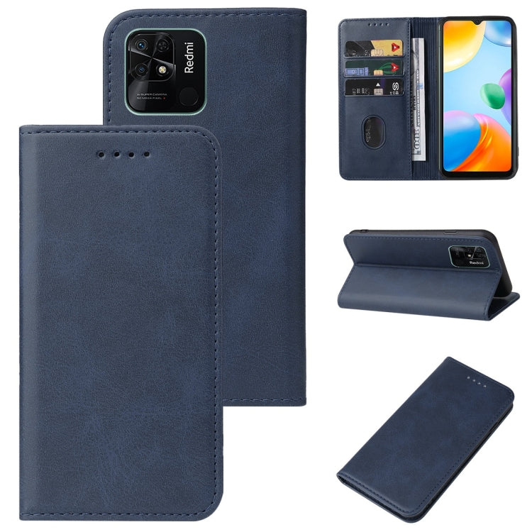 Navy magnetic folio leather phone case with card slots and kickstand, open view