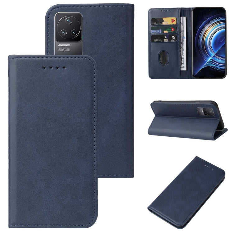 Blue magnetic folio leather phone case with kickstand and card slots, open view